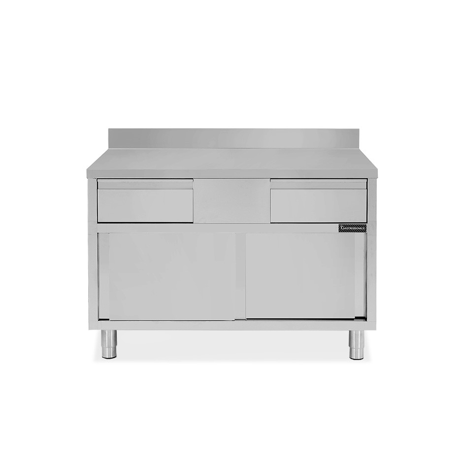 Schranktisch aus Edelstahl 2 Schiebetüren 2 Schubladen Aufsatz B 1200 mm x T 600 mm x H 950 mm