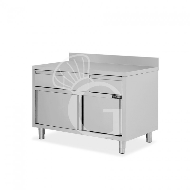 Schranktisch aus Edelstahl 2 Schiebetüren 2 Schubladen Aufsatz B 1200 mm x T 700 mm x H 950 mm