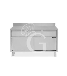 Schranktisch aus Edelstahl 2 Schiebetüren 3 Schubladen Aufsatz B 1400 mm x T 600 mm x H 950 mm