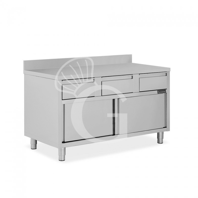 Schranktisch aus Edelstahl 2 Schiebetüren 3 Schubladen Aufsatz B 1400 mm x T 600 mm x H 950 mm