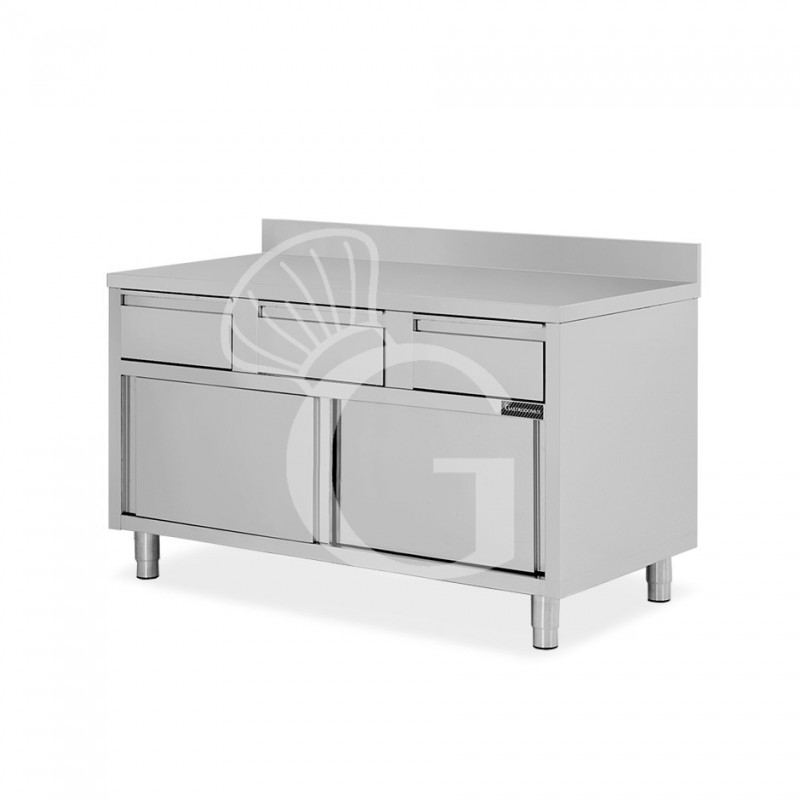 Schranktisch aus Edelstahl 2 Schiebetüren 3 Schubladen Aufsatz B 1600 mm x T 700 mm x H 950 mm