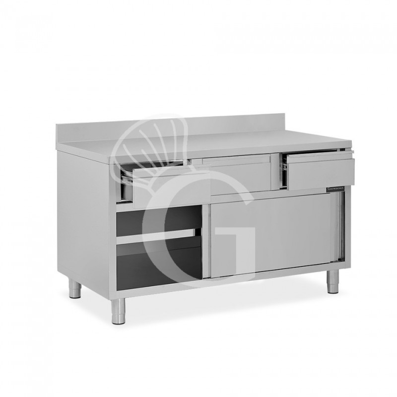 Schranktisch aus Edelstahl 2 Schiebetüren 3 Schubladen Aufsatz B 1600 mm x T 700 mm x H 950 mm
