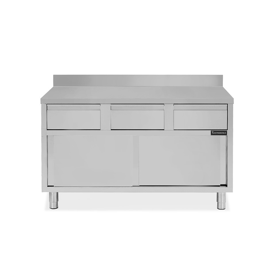 Schranktisch aus Edelstahl 2 Schiebetüren 3 Schubladen Aufsatz B 1600 mm x T 600 mm x H 950 mm