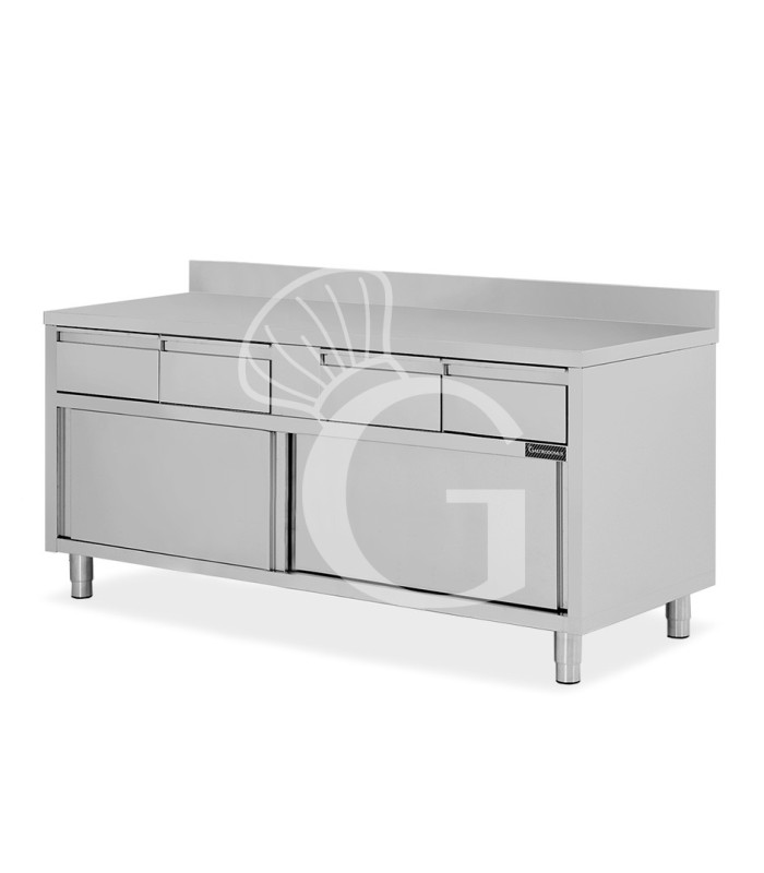 Schranktisch aus Edelstahl 2 Schiebetüren 4 Schubladen Aufsatz B 1800 mm x T 600 mm x H 950 mm