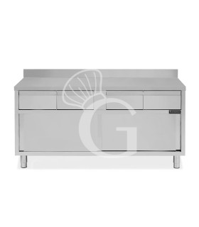 Schranktisch aus Edelstahl 2 Schiebetüren 4 Schubladen Aufsatz B 1800 mm x T 600 mm x H 950 mm