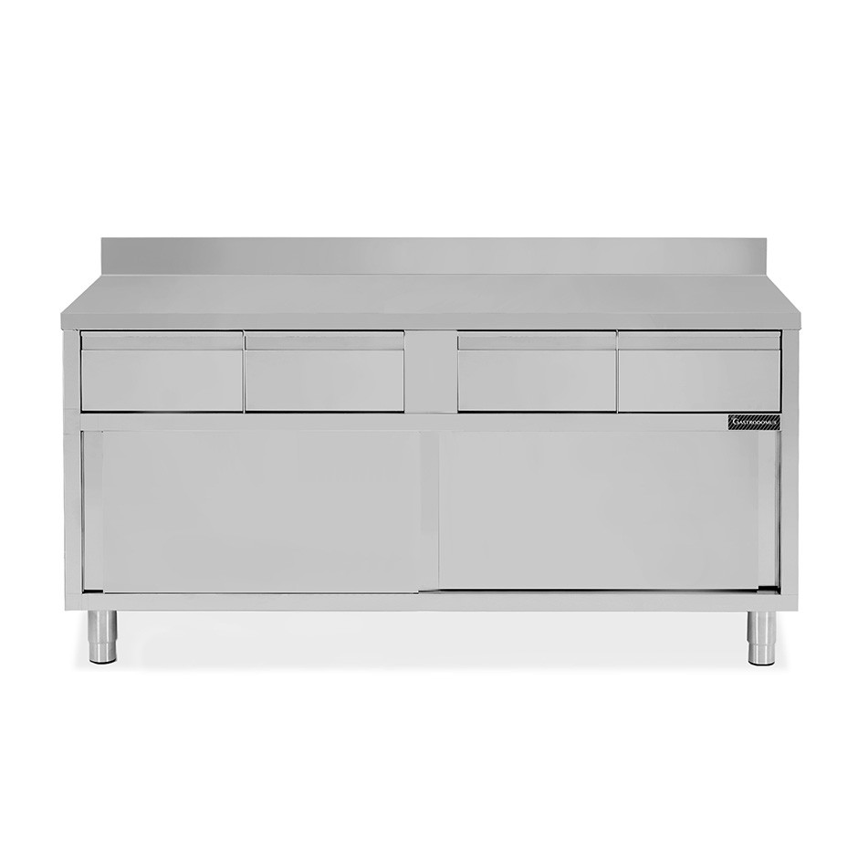 Schranktisch aus Edelstahl 2 Schiebetüren 4 Schubladen Aufsatz B 1800 mm x T 600 mm x H 950 mm