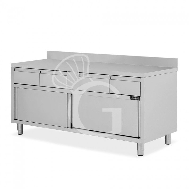 Schranktisch aus Edelstahl 2 Schiebetüren 4 Schubladen Aufsatz B 2000 mm x T 600 mm x H 950 mm