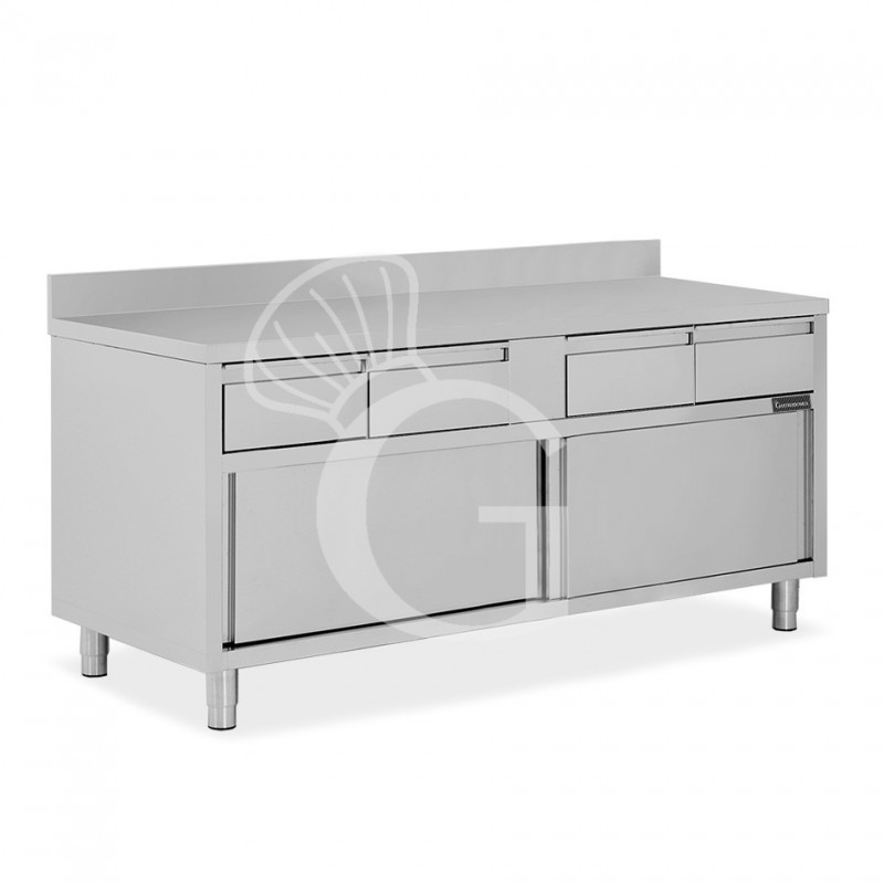 Schranktisch aus Edelstahl 2 Schiebetüren 4 Schubladen Aufsatz B 2000 mm x T 700 mm x H 950 mm