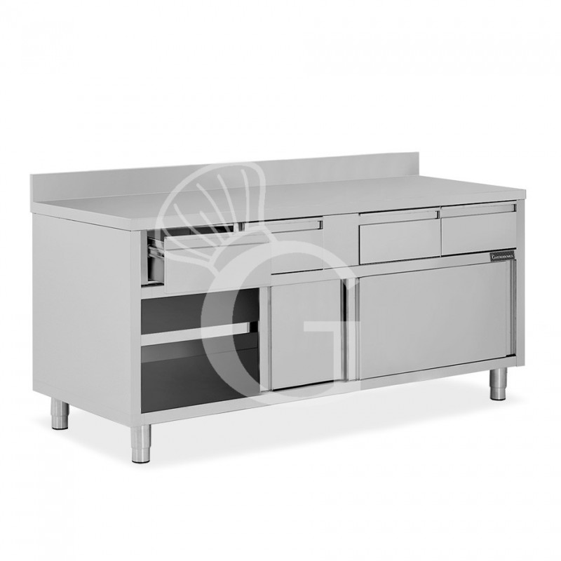 Schranktisch aus Edelstahl 2 Schiebetüren 4 Schubladen Aufsatz B 2000 mm x T 700 mm x H 950 mm