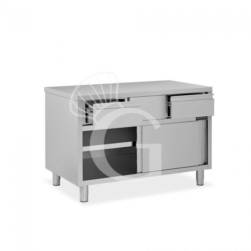 Schranktisch aus Edelstahl 2 Schiebetüren 2 Schubladen B 1000 mm x T 600 mm x H 850 mm