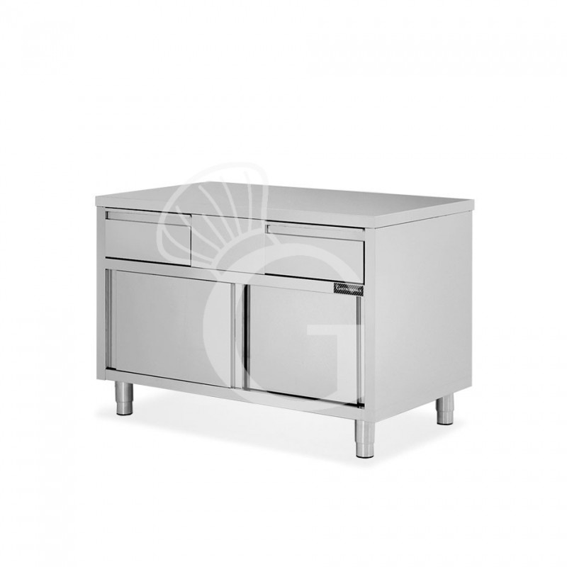 Schranktisch aus Edelstahl 2 Schiebetüren 2 Schubladen B 1200 mm x T 600 mm x H 850 mm