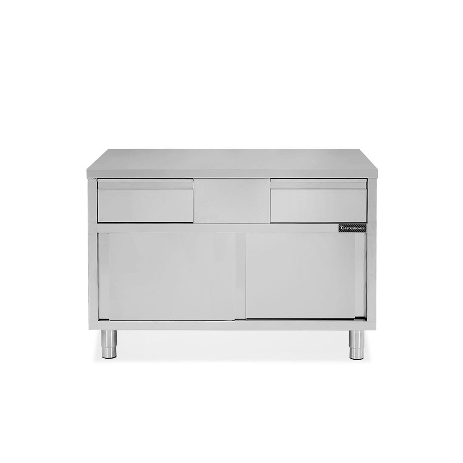 Schranktisch aus Edelstahl 2 Schiebetüren 2 Schubladen B 1200 mm x T 600 mm x H 850 mm