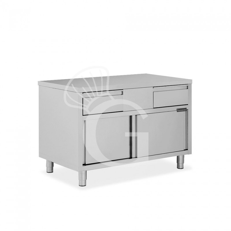 Schranktisch aus Edelstahl 2 Schiebetüren 2 Schubladen B 1200 mm x T 600 mm x H 850 mm