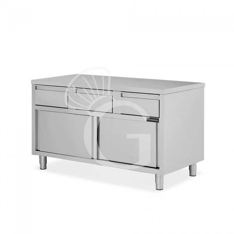 Schranktisch aus Edelstahl 2 Schiebetüren 3 Schubladen B 1400 mm x T 600 mm x H 850 mm