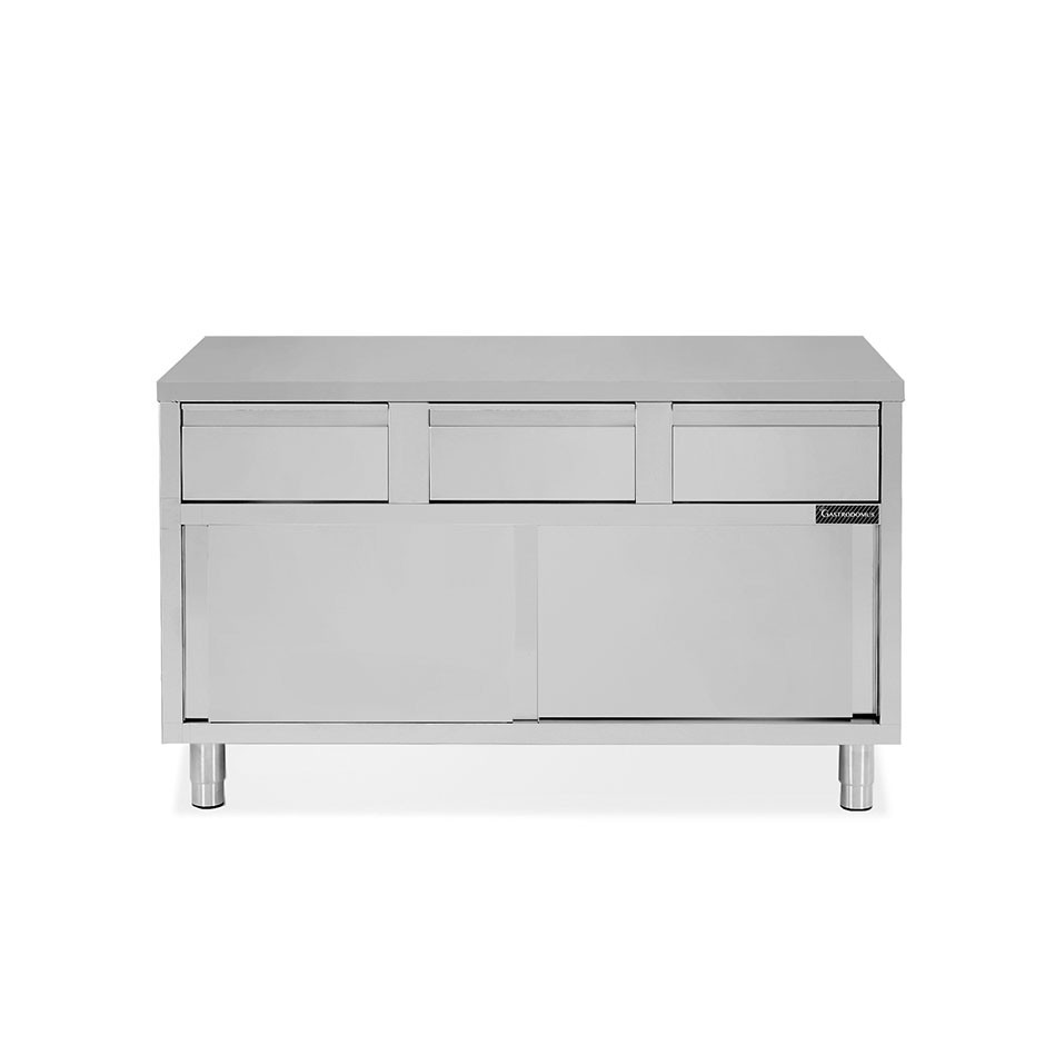 Schranktisch aus Edelstahl 2 Schiebetüren 3 Schubladen B 1400 mm x T 600 mm x H 850 mm