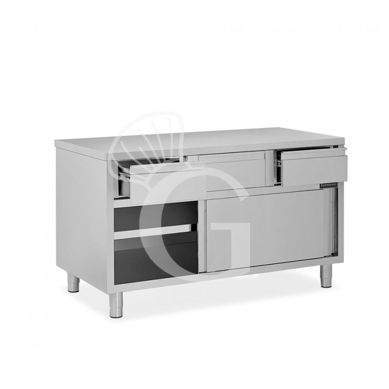 Schranktisch aus Edelstahl 2 Schiebetüren 3 Schubladen B 1400 mm x T 600 mm x H 850 mm