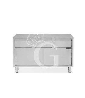 Schranktisch aus Edelstahl 2 Schiebetüren 3 Schubladen B 1400 mm x T 700 mm x H 850 mm