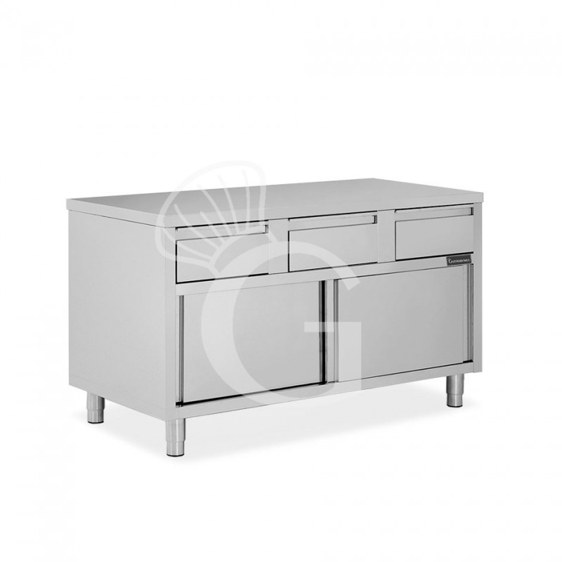 Schranktisch aus Edelstahl 2 Schiebetüren 3 Schubladen B 1600 mm x T 600 mm x H 850 mm
