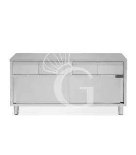 Schranktisch aus Edelstahl 2 Schiebetüren 3 Schubladen B 1600 mm x T 700 mm x H 850 mm