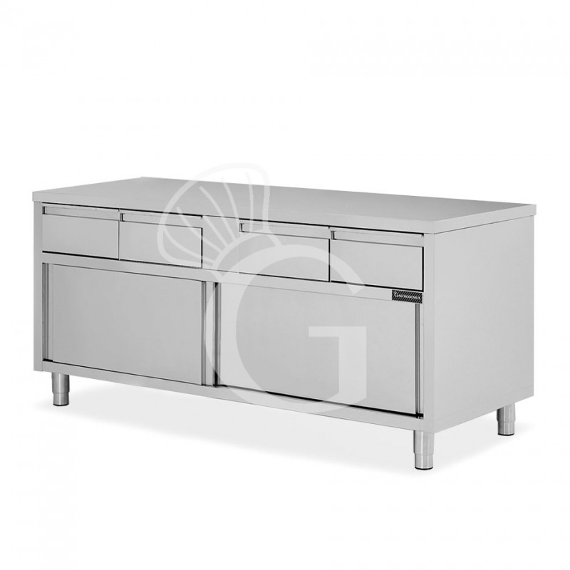 Schranktisch aus Edelstahl 2 Schiebetüren 4 Schubladen B 2000 mm x T 600 mm x H 850 mm