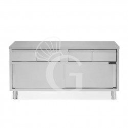 Schranktisch aus Edelstahl 2 Schiebetüren 4 Schubladen B 2000 mm x T 600 mm x H 850 mm