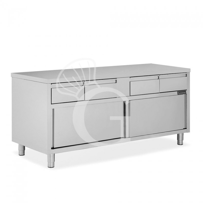 Schranktisch aus Edelstahl 2 Schiebetüren 4 Schubladen B 2000 mm x T 600 mm x H 850 mm