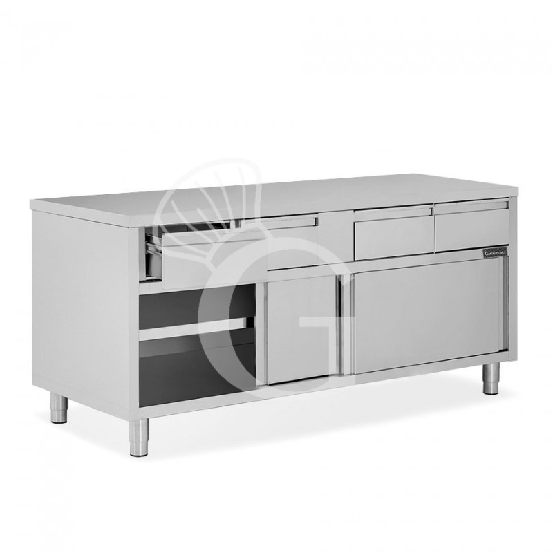 Schranktisch aus Edelstahl 2 Schiebetüren 4 Schubladen B 2000 mm x T 600 mm x H 850 mm