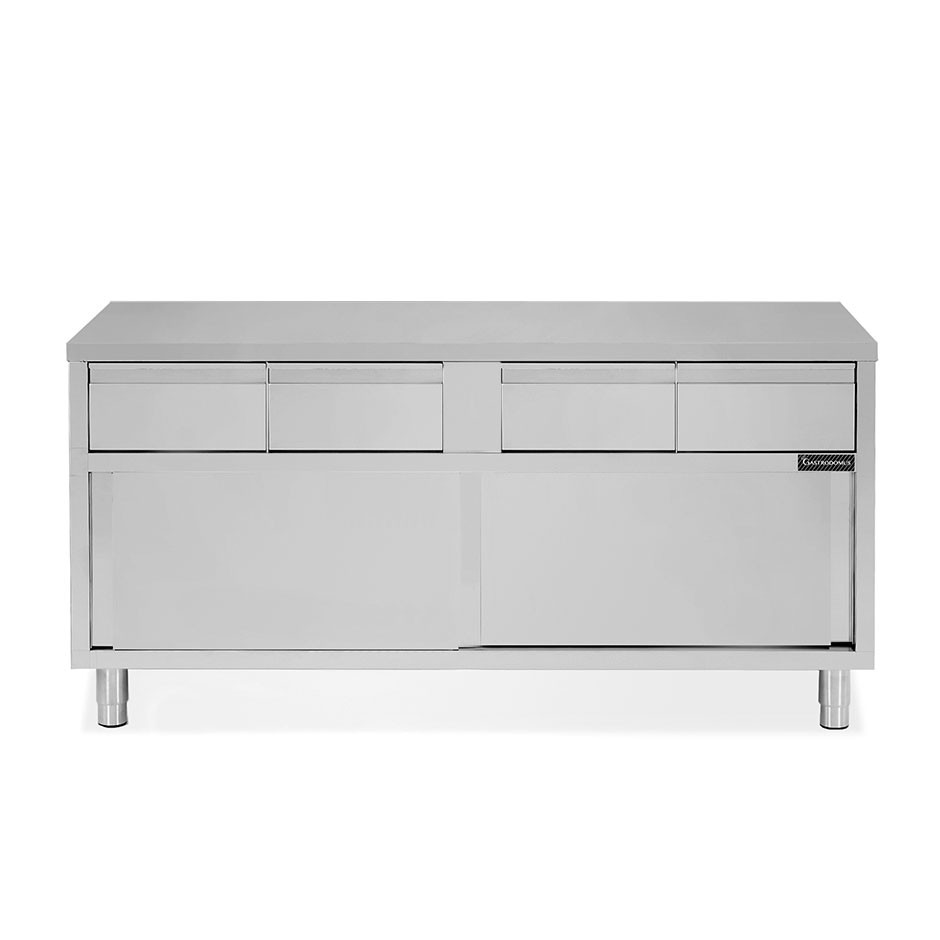 Schranktisch aus Edelstahl 2 Schiebetüren 4 Schubladen B 2000 mm x T 700 mm x H 850 mm