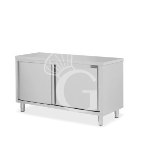 Schranktisch aus Edelstahl 2 Schiebetüren B 1600 mm x T 600 mm x H 850 mm