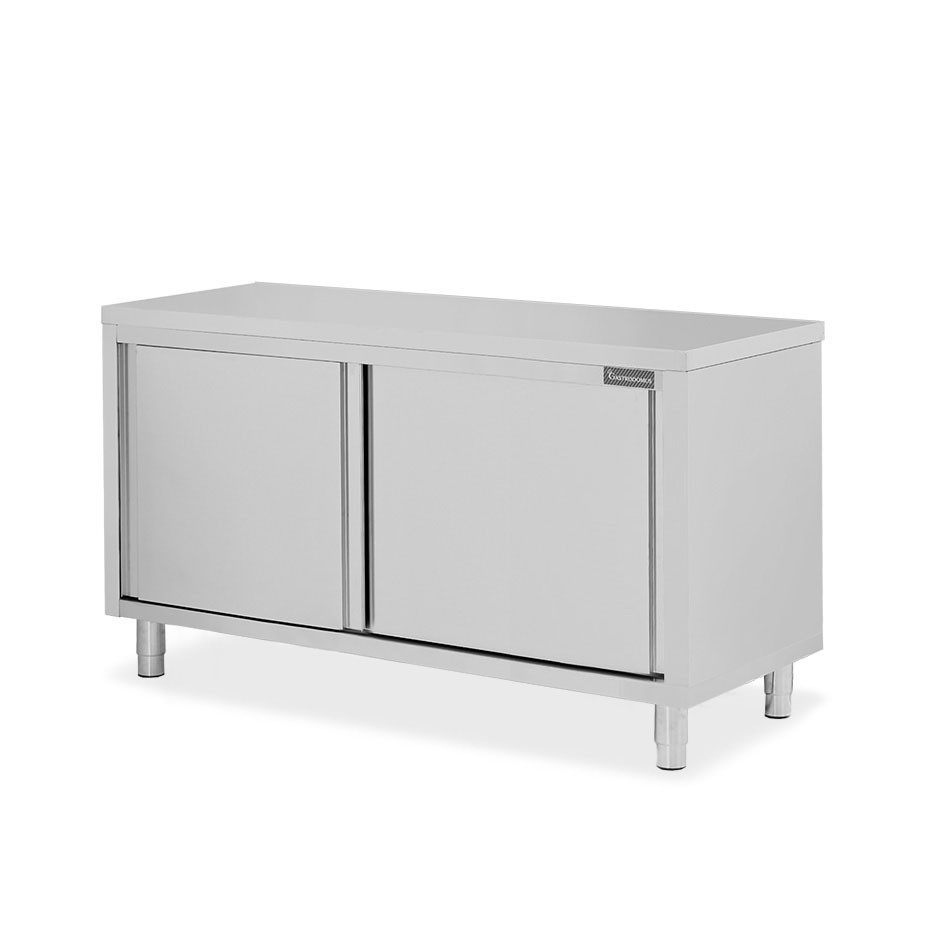 Schranktisch aus Edelstahl 2 Schiebetüren B 1600 mm x T 600 mm x H 850 mm