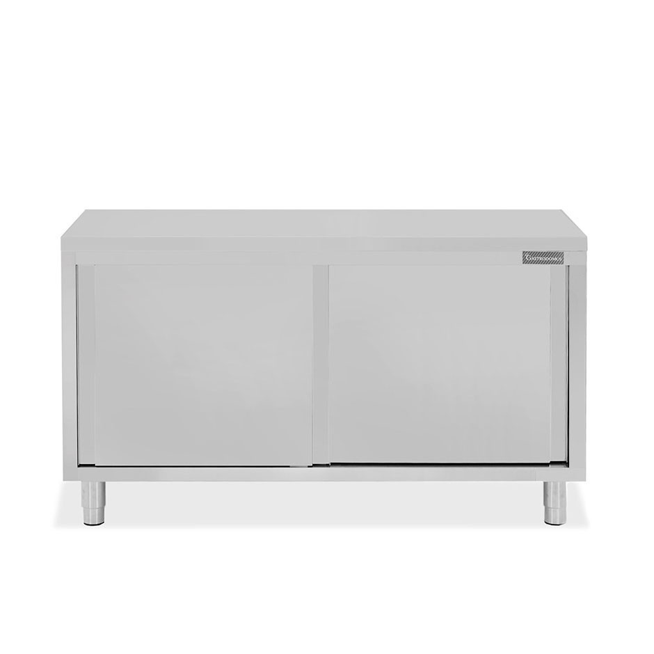 Schranktisch/Arbeitstisch aus Edelstahl, 2 Schiebetüren, B 1500 mm x T 700 mm x H 850 mm