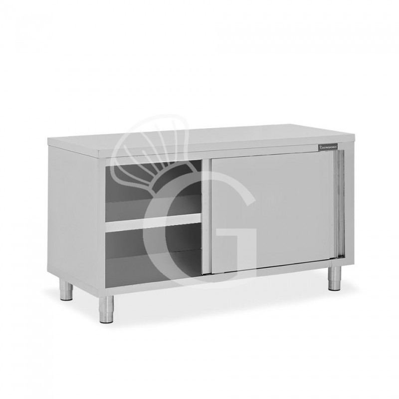 Schranktisch/Arbeitstisch aus Edelstahl, 2 Schiebetüren, B 1500 mm x T 700 mm x H 850 mm