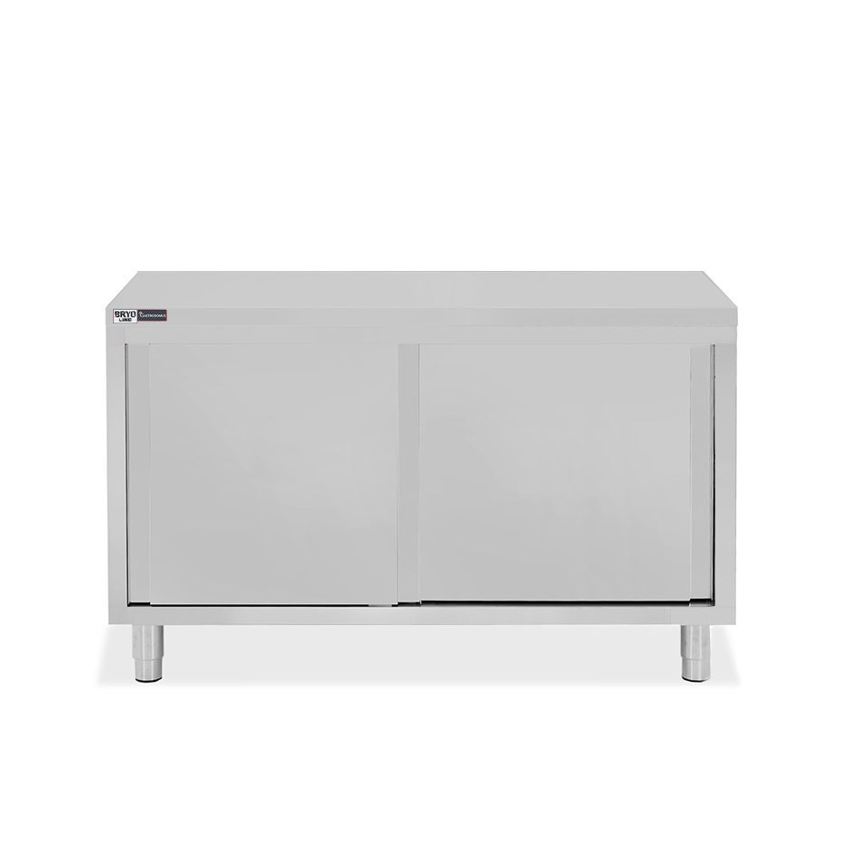 Schranktisch / Arbeitsschrank, Edelstahl, 2 Schiebetüren, B 1300 mm x T 700 mm x H 850 mm