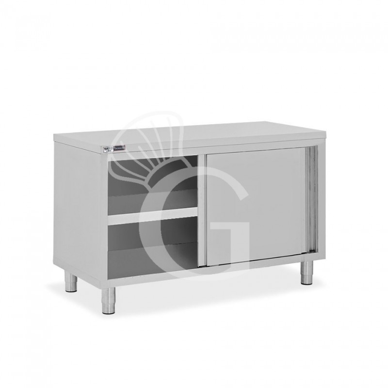 Schranktisch / Arbeitsschrank, Edelstahl, 2 Schiebetüren, B 1400 mm x T 700 mm x H 850 mm