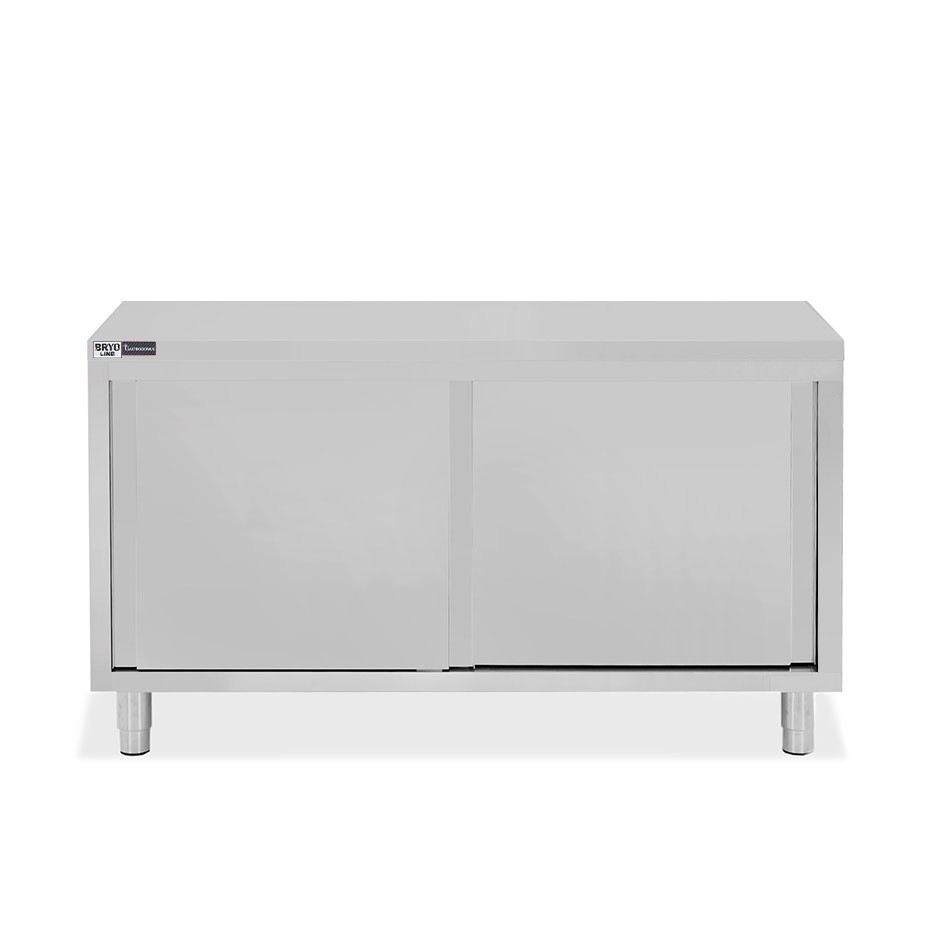 Schranktisch / Arbeitsschrank, Edelstahl, 2 Schiebetüren, B 1600 mm x T 700 mm x H 850 mm