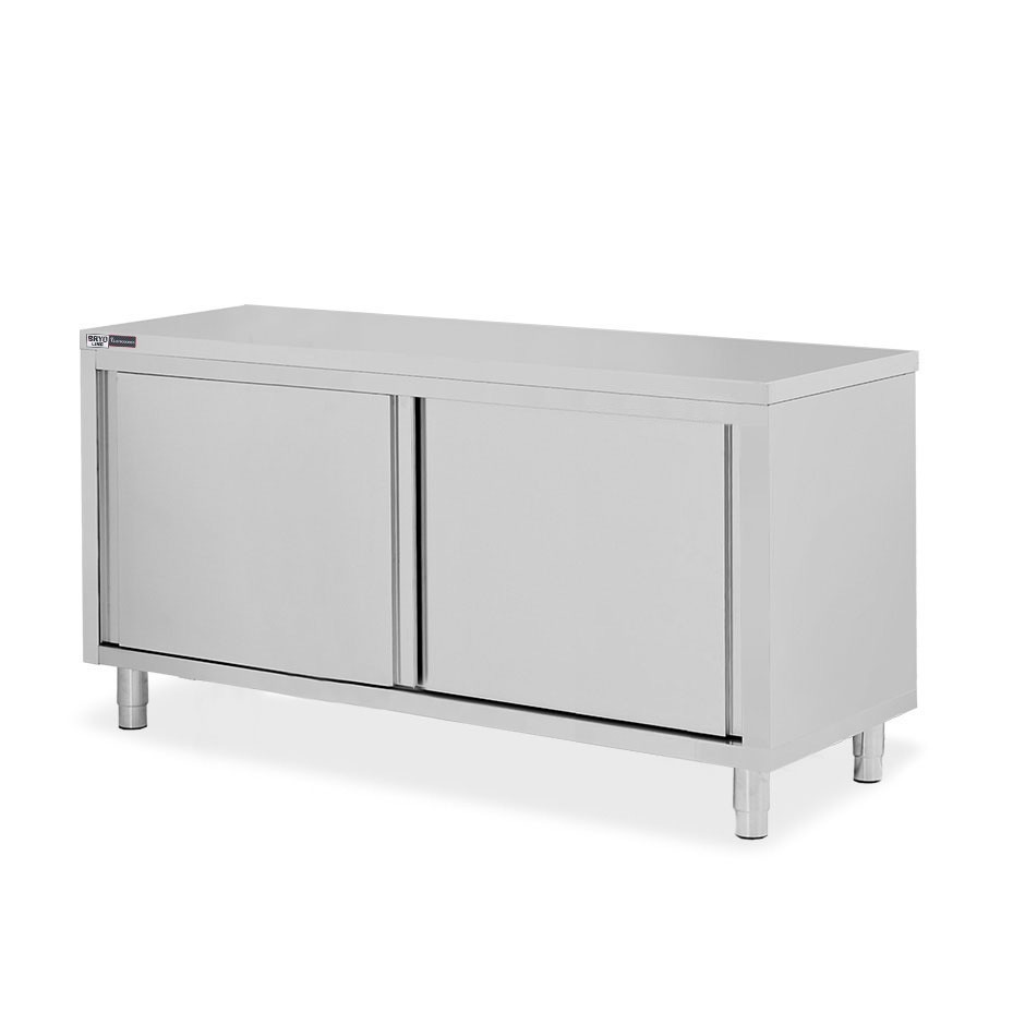 Schranktisch / Arbeitsschrank, Edelstahl, 2 Schiebetüren, B 1800 mm x T 600 mm x H 850 mm