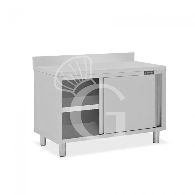 Schranktisch/Arbeitsschrank aus Edelstahl, 2 Schiebetüren, Aufkantung B 1000 mm x T 700 mm x H 950 mm