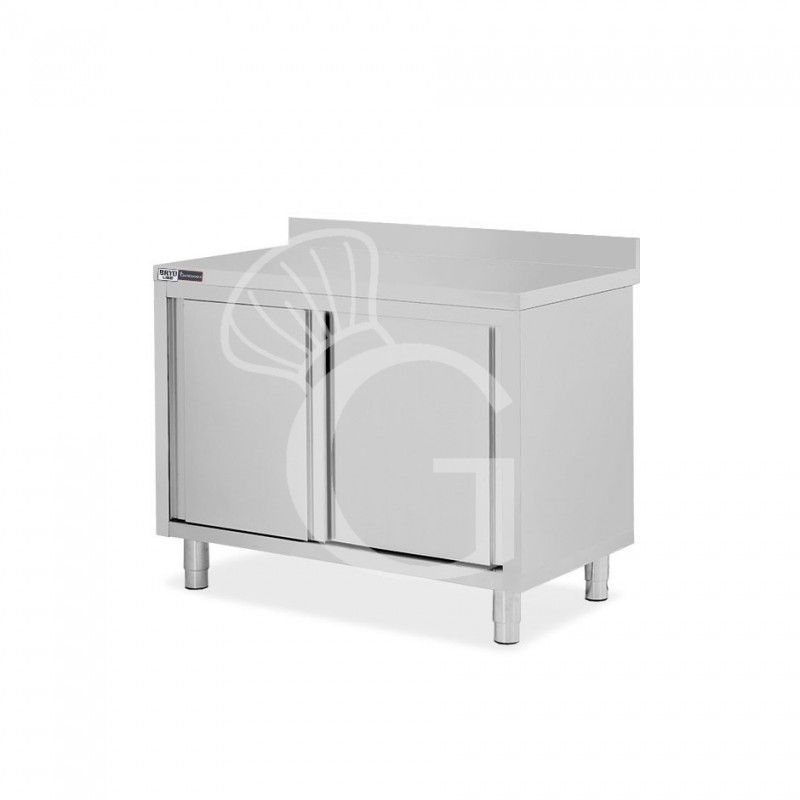 Schranktisch / Arbeitsschrank, Edelstahl, 2 Schiebetüren, Aufkantung, B 1000 mm x T 600 mm x H 950 mm