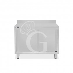 Schranktisch / Arbeitsschrank, Edelstahl, 2 Schiebetüren, Aufkantung, B 1000 mm x T 600 mm x H 950 mm
