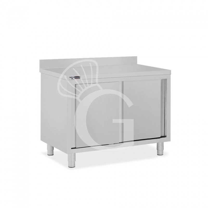 Schranktisch / Arbeitsschrank, Edelstahl, 2 Schiebetüren, Aufkantung, B 1000 mm x T 700 mm x H 950 mm