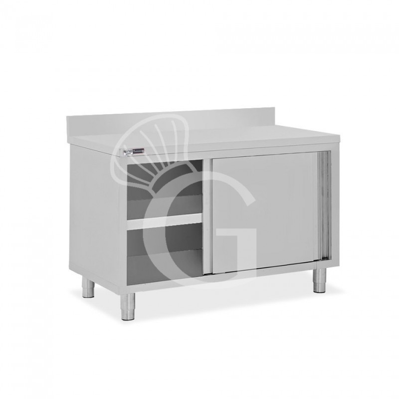 Schranktisch / Arbeitsschrank, Edelstahl, 2 Schiebetüren, Aufkantung, B 1100 mm x T 700 mm x H 950 mm