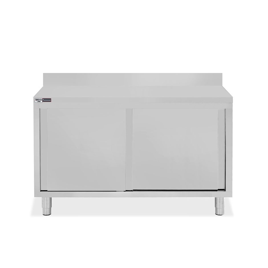 Schranktisch / Arbeitsschrank, Edelstahl, 2 Schiebetüren, Aufkantung, B 1400 mm x T 600 mm x H 950 mm