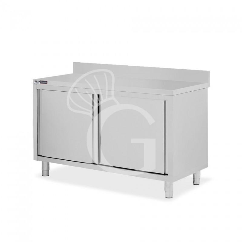Schranktisch / Arbeitsschrank, Edelstahl, 2 Schiebetüren, Aufkantung, B 1400 mm x T 700 mm x H 950 mm