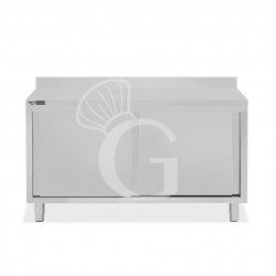Schranktisch / Arbeitsschrank, Edelstahl, 2 Schiebetüren, Aufkantung, B 1500 mm x T 700 mm x H 950 mm