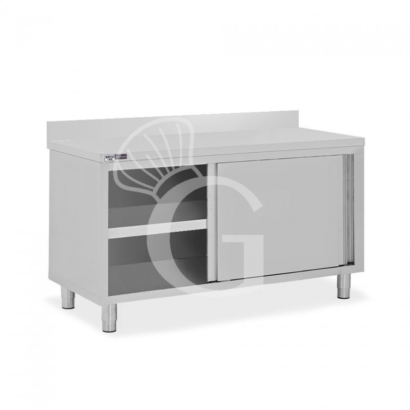 Schranktisch / Arbeitsschrank, Edelstahl, 2 Schiebetüren, Aufkantung, B 1500 mm x T 700 mm x H 950 mm