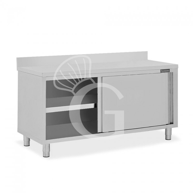 Schranktisch / Arbeitsschrank, Edelstahl, 2 Schiebetüren, Aufkantung, B 2000 mm x T 700 mm x H 950 mm