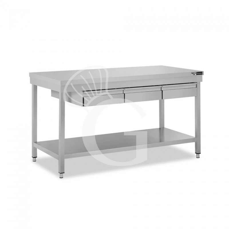 Edelstahltisch, Grundboden, 3 Schubladen, B 1400 mm X T 700 mm X H 865 mm