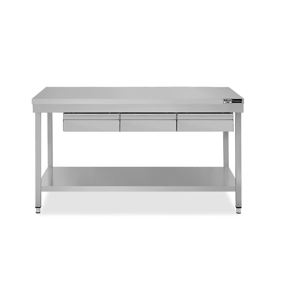 Edelstahltisch, Grundboden, 3 Schubladen, B 1400 mm X T 700 mm X H 865 mm