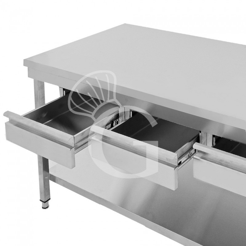 copy of Tavolo semplice in acciaio inox con piano, 4 cassetti e misure L 2000 mm x P 700 mm x H 850 mm