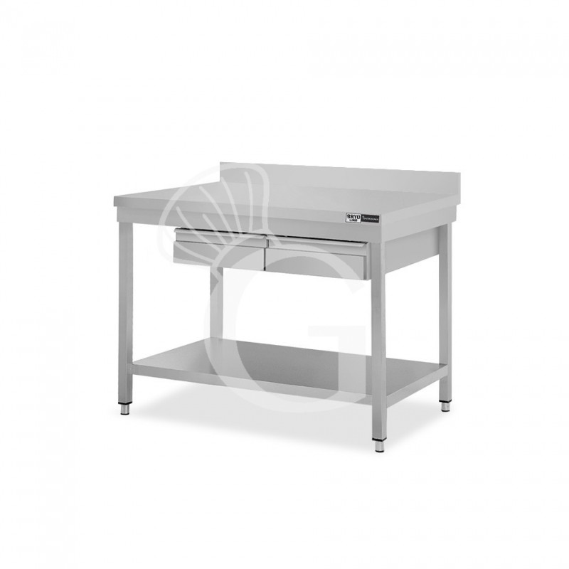 Edelstahltisch, Grundboden, Aufkantung, 2 Schubladen, B 1100 mm X T 700 mm X H 965 mm